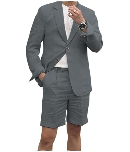 AeoTeokey Herren Leinen Anzug 2 Stück Prom Tuxedo Business Hochzeit Party Weste Shorts(Grau,XXL) von AeoTeokey