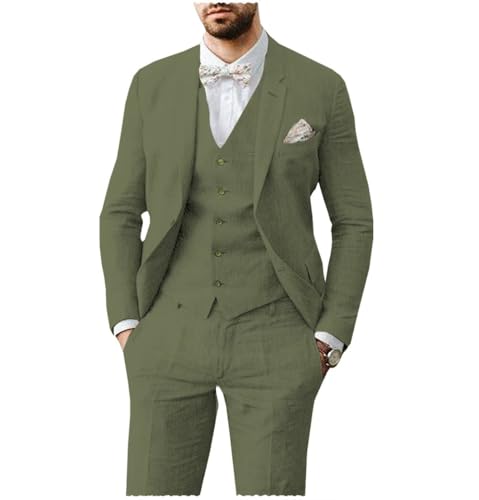 AeoTeokey Herren Leinen Anzug 3 Stück Sommer Strand Retro Hochzeit Prom Anzug Jacke Blazer Bräutigam Smokings(Armeegrün,L) von AeoTeokey
