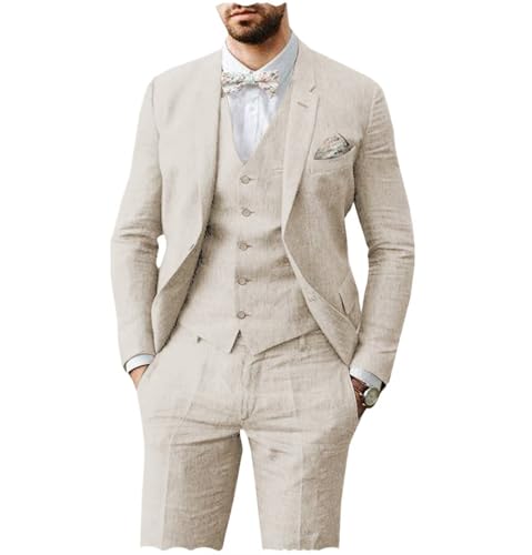 AeoTeokey Herren Leinen Anzug 3 Stück Sommer Strand Retro Hochzeit Prom Anzug Jacke Blazer Bräutigam Smokings(Beige,L) von AeoTeokey
