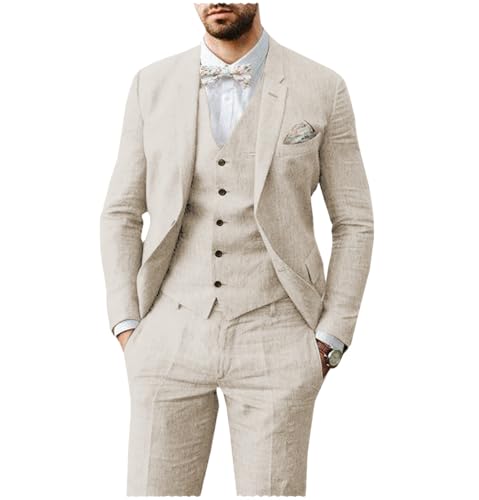 AeoTeokey Herren Leinen Anzug 3 Stück Sommer Strand Retro Hochzeit Prom Anzug Jacke Blazer Bräutigam Smokings(Beige,XXL) von AeoTeokey