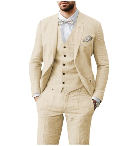 AeoTeokey Herren Leinen Anzug 3 Stück Sommer Strand Retro Hochzeit Prom Anzug Jacke Blazer Bräutigam Smokings(Champagner,3XL) von AeoTeokey
