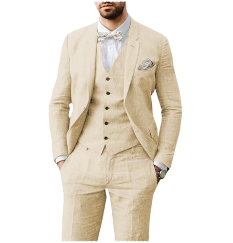 AeoTeokey Herren Leinen Anzug 3 Stück Sommer Strand Retro Hochzeit Prom Anzug Jacke Blazer Bräutigam Smokings(Champagner,XL) von AeoTeokey