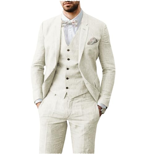 AeoTeokey Herren Leinen Anzug 3 Stück Sommer Strand Retro Hochzeit Prom Anzug Jacke Blazer Bräutigam Smokings(Elfenbein,L) von AeoTeokey