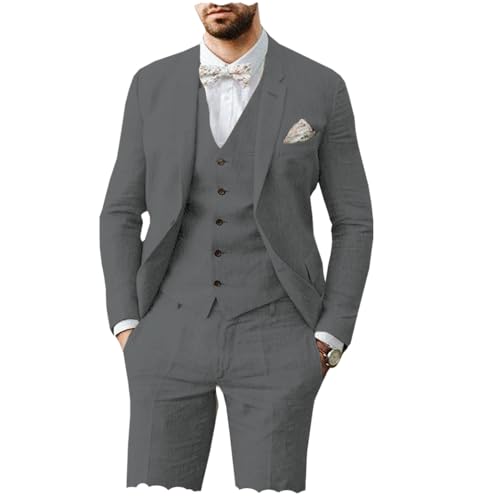 AeoTeokey Herren Leinen Anzug 3 Stück Sommer Strand Retro Hochzeit Prom Anzug Jacke Blazer Bräutigam Smokings(Grau,3XL) von AeoTeokey