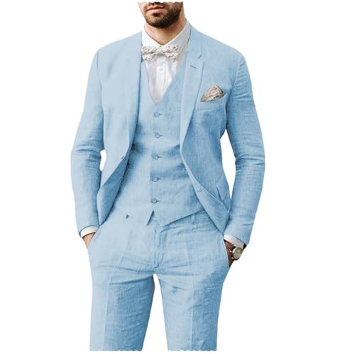 AeoTeokey Herren Leinen Anzug 3 Stück Sommer Strand Retro Hochzeit Prom Anzug Jacke Blazer Bräutigam Smokings(Hellblau,S) von AeoTeokey