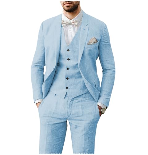 AeoTeokey Herren Leinen Anzug 3 Stück Sommer Strand Retro Hochzeit Prom Anzug Jacke Blazer Bräutigam Smokings(Hellblau,XXL) von AeoTeokey