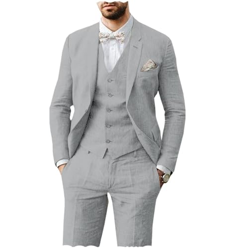 AeoTeokey Herren Leinen Anzug 3 Stück Sommer Strand Retro Hochzeit Prom Anzug Jacke Blazer Bräutigam Smokings(Hellgrau,M) von AeoTeokey