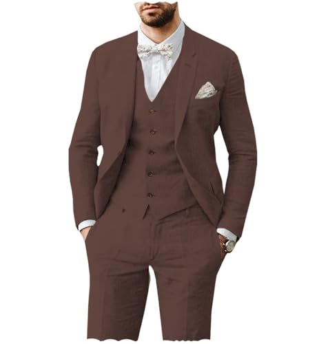 AeoTeokey Herren Leinen Anzug 3 Stück Sommer Strand Retro Hochzeit Prom Anzug Jacke Blazer Bräutigam Smokings(Kaffee,XXL) von AeoTeokey