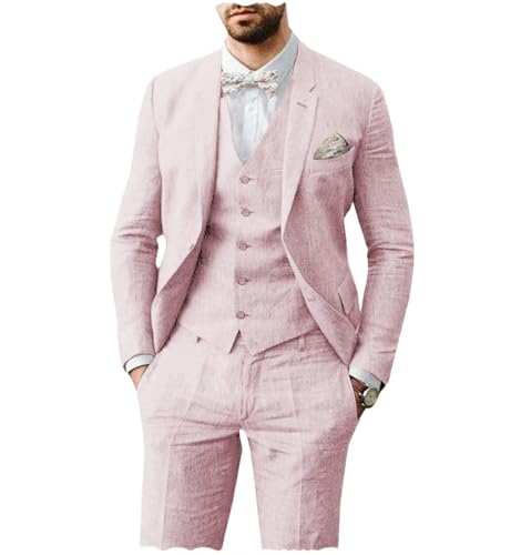 AeoTeokey Herren Leinen Anzug 3 Stück Sommer Strand Retro Hochzeit Prom Anzug Jacke Blazer Bräutigam Smokings(Rosa,S) von AeoTeokey