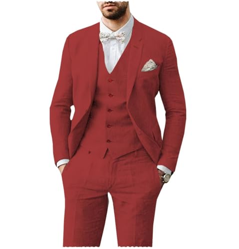 AeoTeokey Herren Leinen Anzug 3 Stück Sommer Strand Retro Hochzeit Prom Anzug Jacke Blazer Bräutigam Smokings(Rot,L) von AeoTeokey