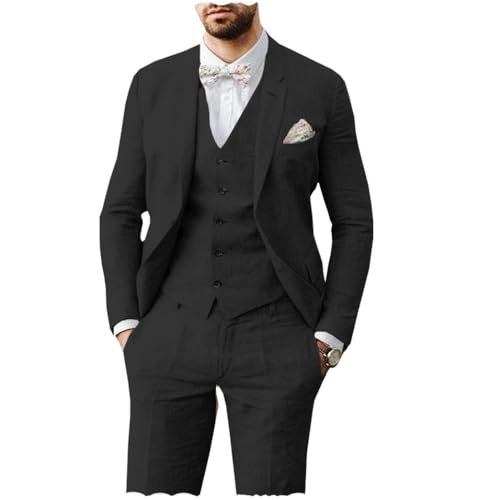 AeoTeokey Herren Leinen Anzug 3 Stück Sommer Strand Retro Hochzeit Prom Anzug Jacke Blazer Bräutigam Smokings(Schwarz,4XL) von AeoTeokey