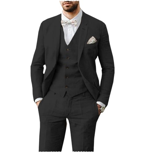 AeoTeokey Herren Leinen Anzug 3 Stück Sommer Strand Retro Hochzeit Prom Anzug Jacke Blazer Bräutigam Smokings(Schwarz,XL) von AeoTeokey