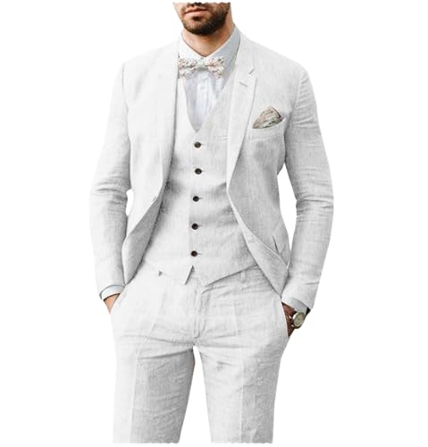 AeoTeokey Herren Leinen Anzug 3 Stück Sommer Strand Retro Hochzeit Prom Anzug Jacke Blazer Bräutigam Smokings(Weiß,M) von AeoTeokey