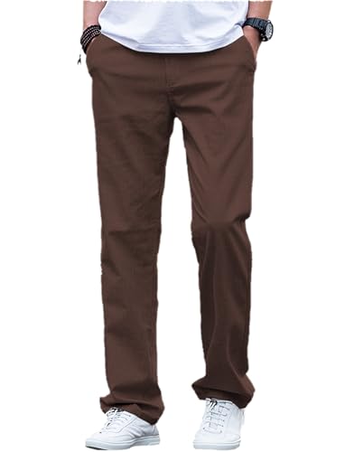 Herren Leinenhosen Sommerstrand Freizeithosen Leichte Hosen Baumwolle Lang (Kaffee, 36W x 32L) von AeoTeokey