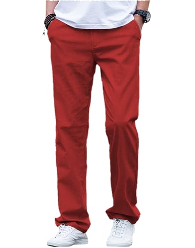 Herren Leinenhosen Sommerstrand Freizeithosen Leichte Hosen Baumwolle Lang (Rot, 32W x 32L) von AeoTeokey