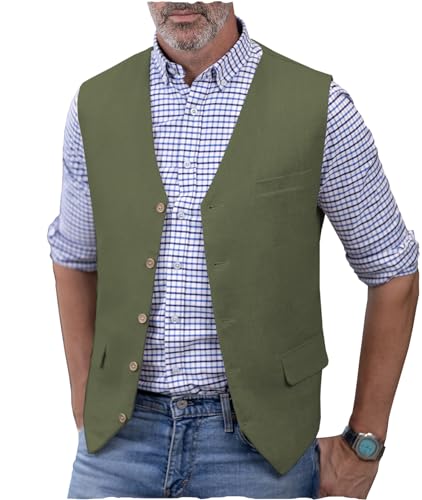 AeoTeokey Herren Leinenweste Sommer Anzug Weste V-Ausschnitt Leichte Freizeitweste Regular Fit(Armeegrün,L) von AeoTeokey
