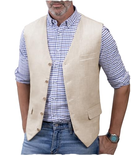 AeoTeokey Herren Leinenweste Sommer Anzug Weste V-Ausschnitt Leichte Freizeitweste Regular Fit(Beige,3XL) von AeoTeokey