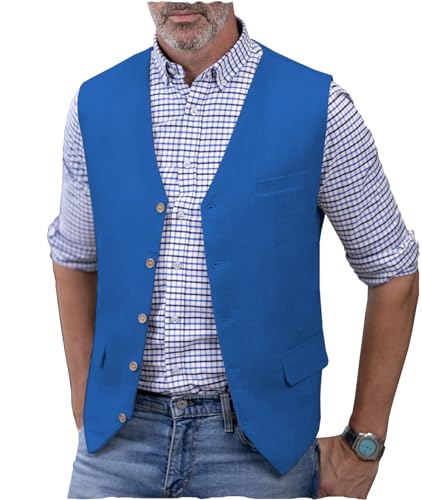 AeoTeokey Herren Leinenweste Sommer Anzug Weste V-Ausschnitt Leichte Freizeitweste Regular Fit(Blau,3XL) von AeoTeokey