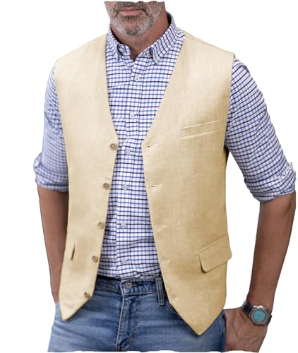 AeoTeokey Herren Leinenweste Sommer Anzug Weste V-Ausschnitt Leichte Freizeitweste Regular Fit(Champagner,4XL) von AeoTeokey