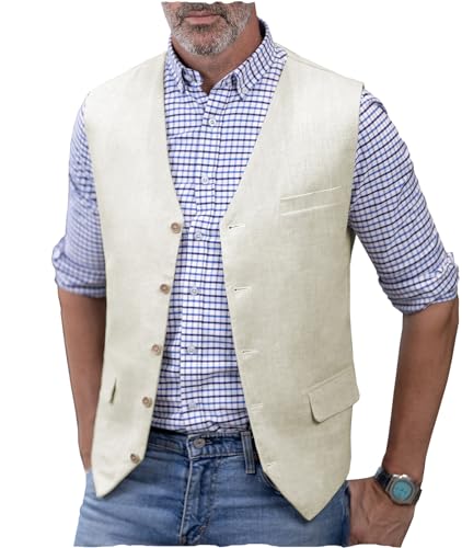 AeoTeokey Herren Leinenweste Sommer Anzug Weste V-Ausschnitt Leichte Freizeitweste Regular Fit(Elfenbein,3XL) von AeoTeokey