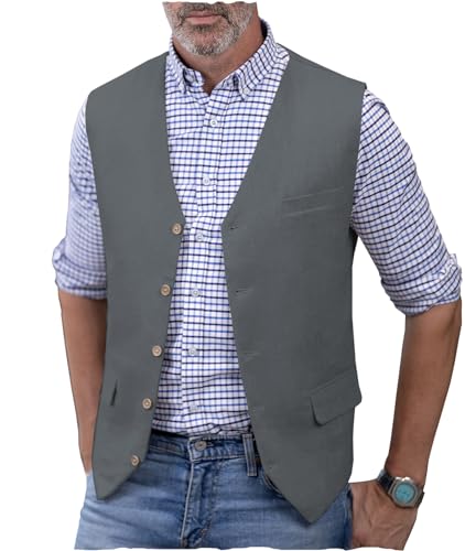 AeoTeokey Herren Leinenweste Sommer Anzug Weste V-Ausschnitt Leichte Freizeitweste Regular Fit(Grau,L) von AeoTeokey