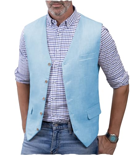 AeoTeokey Herren Leinenweste Sommer Anzug Weste V-Ausschnitt Leichte Freizeitweste Regular Fit(Hellblau,XXL) von AeoTeokey