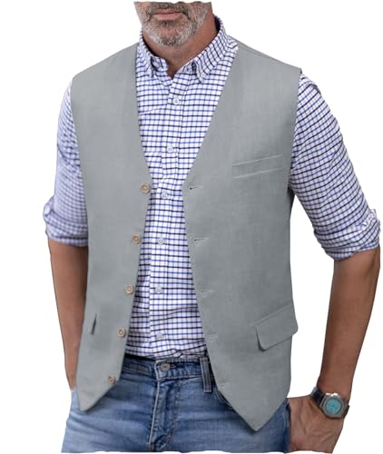 AeoTeokey Herren Leinenweste Sommer Anzug Weste V-Ausschnitt Leichte Freizeitweste Regular Fit(Hellgrau,XL) von AeoTeokey