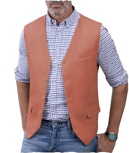 AeoTeokey Herren Leinenweste Sommer Anzug Weste V-Ausschnitt Leichte Freizeitweste Regular Fit(Koralle,S) von AeoTeokey