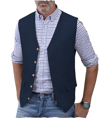 AeoTeokey Herren Leinenweste Sommer Anzug Weste V-Ausschnitt Leichte Freizeitweste Regular Fit(Marine,S) von AeoTeokey