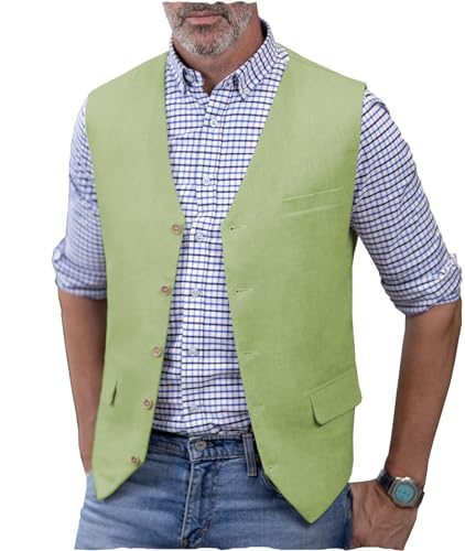 AeoTeokey Herren Leinenweste Sommer Anzug Weste V-Ausschnitt Leichte Freizeitweste Regular Fit(Mint Grün,XXL) von AeoTeokey