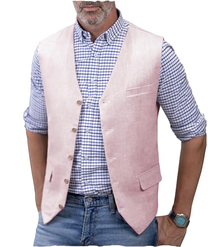 AeoTeokey Herren Leinenweste Sommer Anzug Weste V-Ausschnitt Leichte Freizeitweste Regular Fit(Rosa,4XL) von AeoTeokey