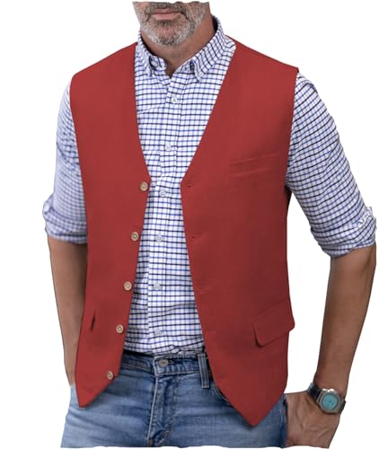 AeoTeokey Herren Leinenweste Sommer Anzug Weste V-Ausschnitt Leichte Freizeitweste Regular Fit(Rot,XXL) von AeoTeokey