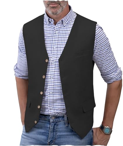 AeoTeokey Herren Leinenweste Sommer Anzug Weste V-Ausschnitt Leichte Freizeitweste Regular Fit(Schwarz,L) von AeoTeokey