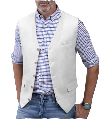 AeoTeokey Herren Leinenweste Sommer Anzug Weste V-Ausschnitt Leichte Freizeitweste Regular Fit(Weiß,L) von AeoTeokey