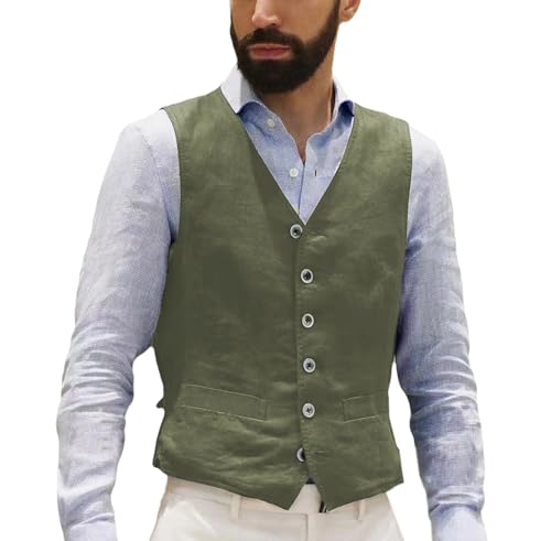 AeoTeokey Herren Leinenweste Sommer Anzug Weste Vintage Retro Business Party Weste Regular Fit(Armeegrün,3XL) von AeoTeokey