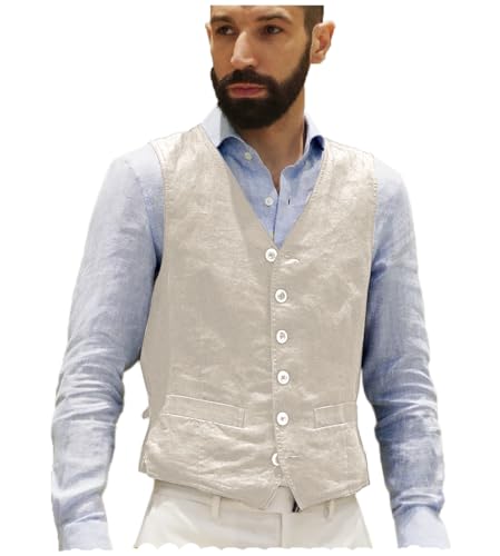 AeoTeokey Herren Leinenweste Sommer Anzug Weste Vintage Retro Business Party Weste Regular Fit(Beige,XXL) von AeoTeokey