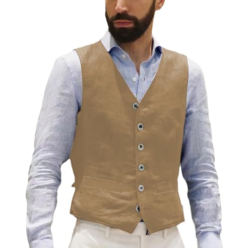 AeoTeokey Herren Leinenweste Sommer Anzug Weste Vintage Retro Business Party Weste Regular Fit(Braun,L) von AeoTeokey