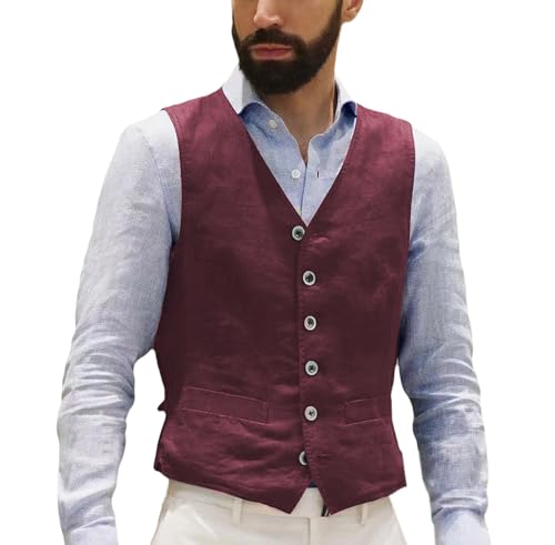 AeoTeokey Herren Leinenweste Sommer Anzug Weste Vintage Retro Business Party Weste Regular Fit(Burgundisch,M) von AeoTeokey