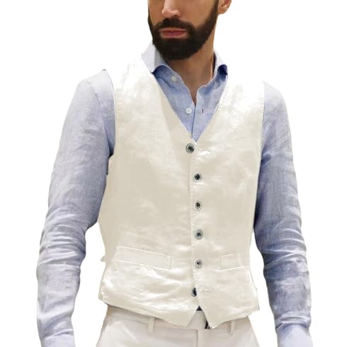 AeoTeokey Herren Leinenweste Sommer Anzug Weste Vintage Retro Business Party Weste Regular Fit(Elfenbein,S) von AeoTeokey