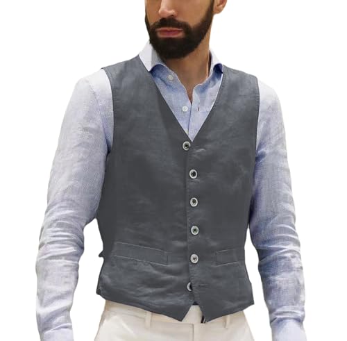 AeoTeokey Herren Leinenweste Sommer Anzug Weste Vintage Retro Business Party Weste Regular Fit(Grau,3XL) von AeoTeokey