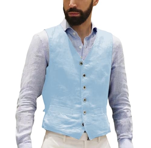AeoTeokey Herren Leinenweste Sommer Anzug Weste Vintage Retro Business Party Weste Regular Fit(Hellblau,3XL) von AeoTeokey
