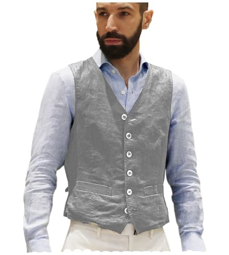 AeoTeokey Herren Leinenweste Sommer Anzug Weste Vintage Retro Business Party Weste Regular Fit(Hellgrau,XL) von AeoTeokey