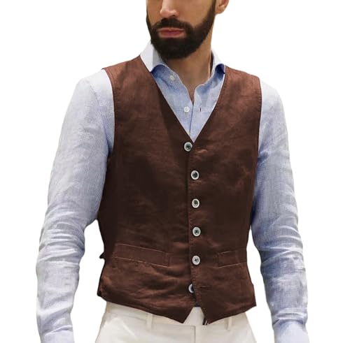 AeoTeokey Herren Leinenweste Sommer Anzug Weste Vintage Retro Business Party Weste Regular Fit(Kaffee,3XL) von AeoTeokey