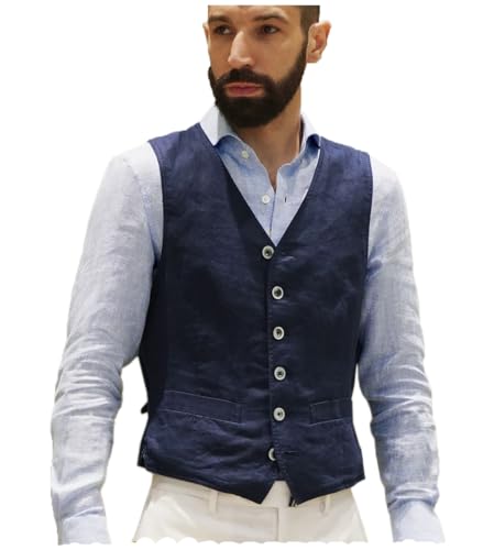 AeoTeokey Herren Leinenweste Sommer Anzug Weste Vintage Retro Business Party Weste Regular Fit(Marine,M) von AeoTeokey
