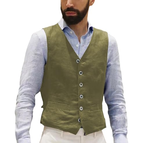 AeoTeokey Herren Leinenweste Sommer Anzug Weste Vintage Retro Business Party Weste Regular Fit(Oliv Grün,3XL) von AeoTeokey