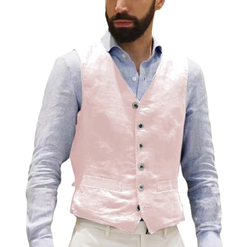 AeoTeokey Herren Leinenweste Sommer Anzug Weste Vintage Retro Business Party Weste Regular Fit(Rosa,3XL) von AeoTeokey