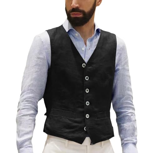 AeoTeokey Herren Leinenweste Sommer Anzug Weste Vintage Retro Business Party Weste Regular Fit(Schwarz,M) von AeoTeokey