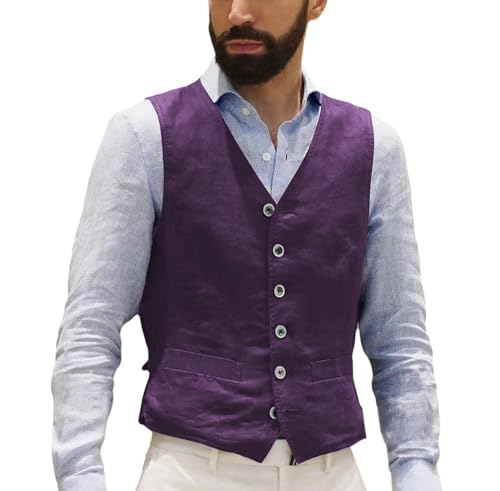 AeoTeokey Herren Leinenweste Sommer Anzug Weste Vintage Retro Business Party Weste Regular Fit(Violett,3XL) von AeoTeokey