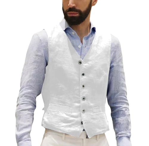 AeoTeokey Herren Leinenweste Sommer Anzug Weste Vintage Retro Business Party Weste Regular Fit(Weiß,M) von AeoTeokey