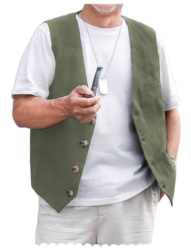 AeoTeokey Herren Leinenweste Sommer Anzug Weste Vintage Retro Weste Regular Fit(Armeegrün,4XL) von AeoTeokey